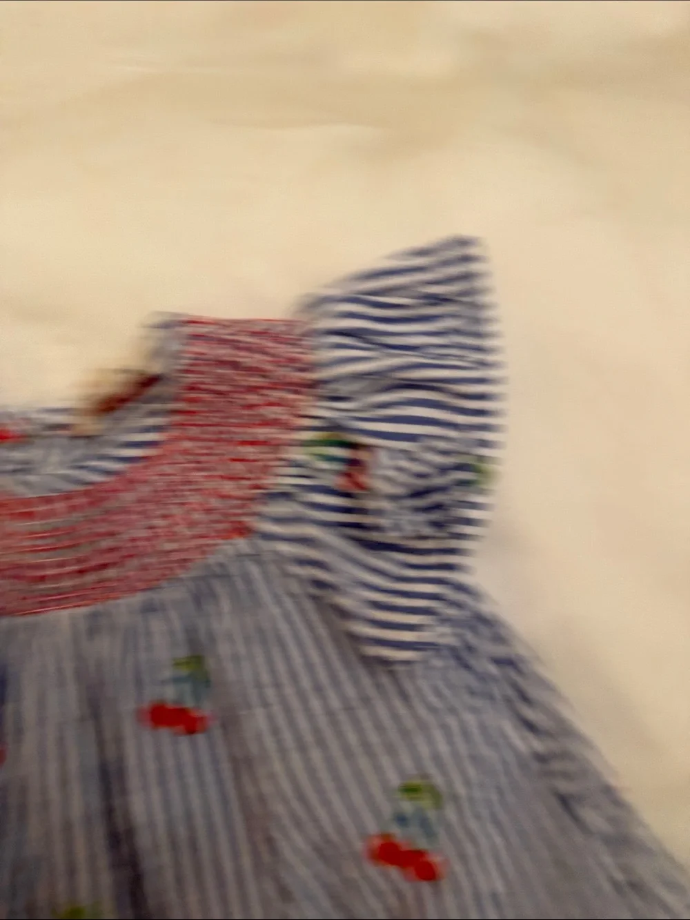 Mini Boden Blue & White Seersucker Striped Cherry Set with Ruffle Detail